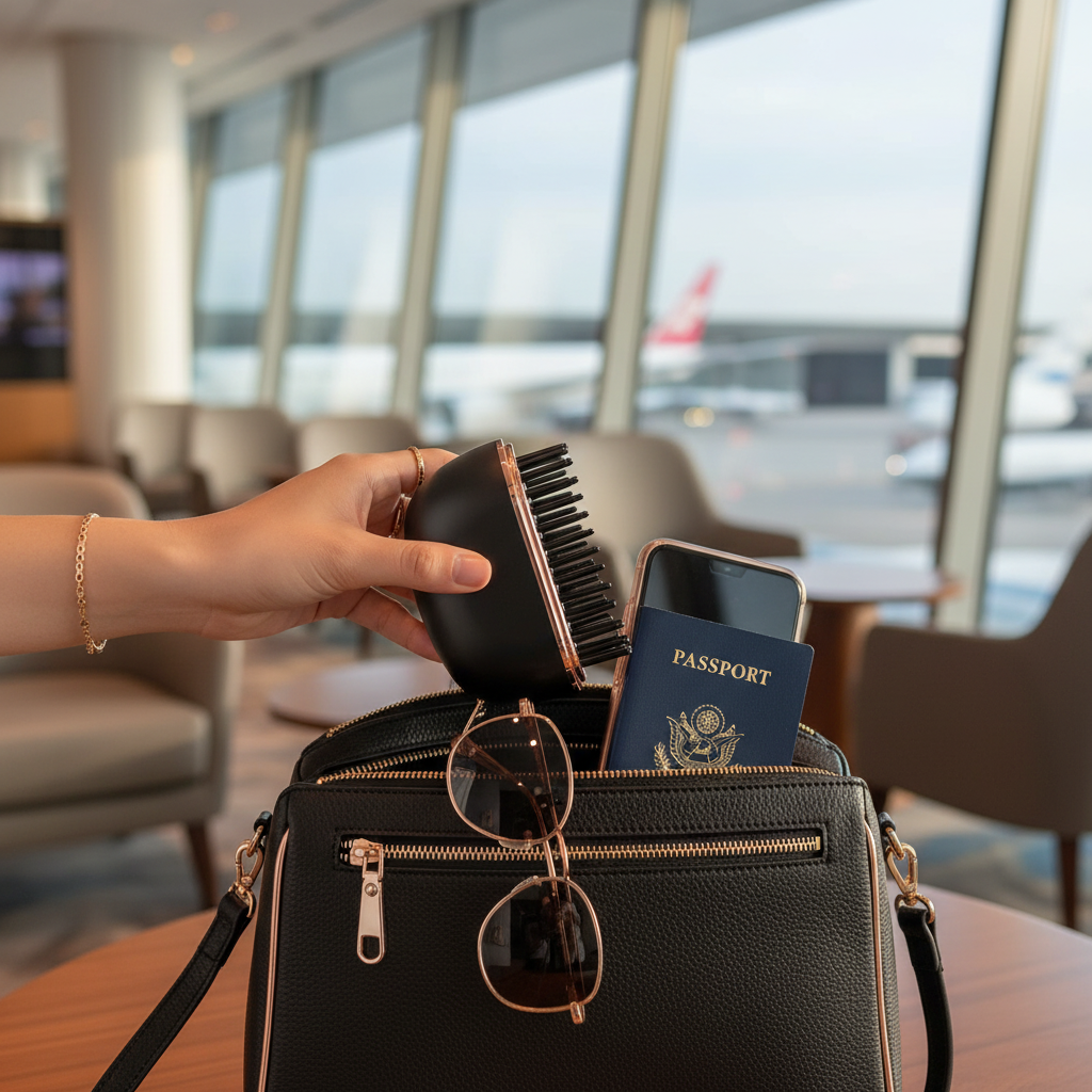 PockyCurl™ – Brosse Chauffante 3-en-1 Portable (Lisse & Boucle)